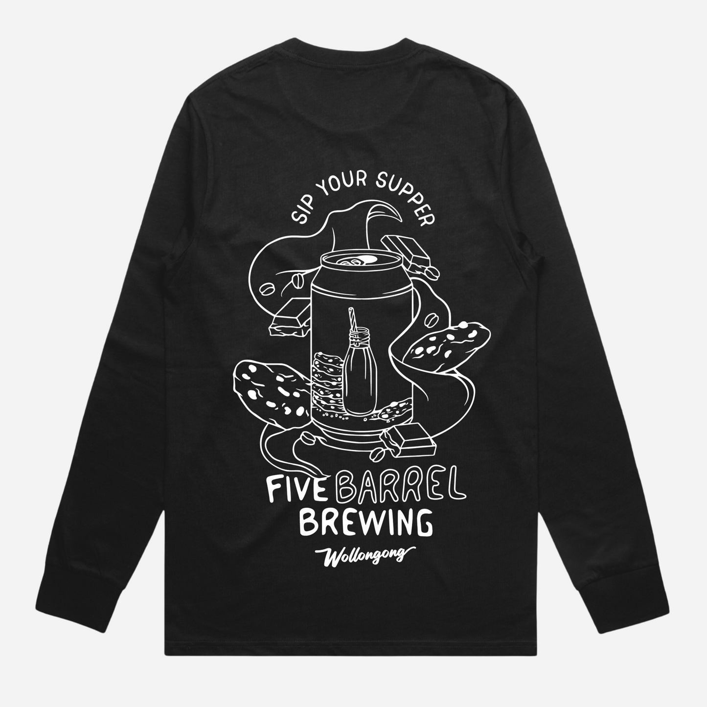 Black long sleeve tshirt that says "sip your supper" with Night Cap Milk Stout Image and Five Barrel Brewing Logo