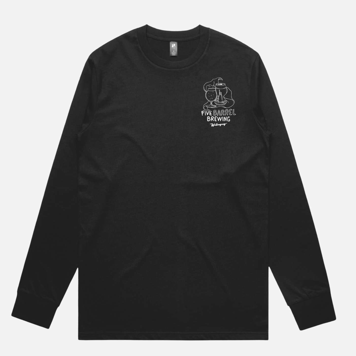 Black long sleeve tshirt that says "sip your supper" with Night Cap Milk Stout Image and Five Barrel Brewing Logo