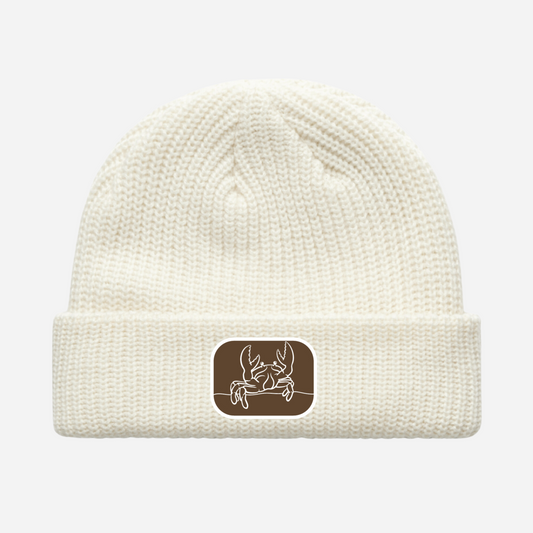 Five Barrel Brewing brown and white patch embroidered on a white coloured beanie