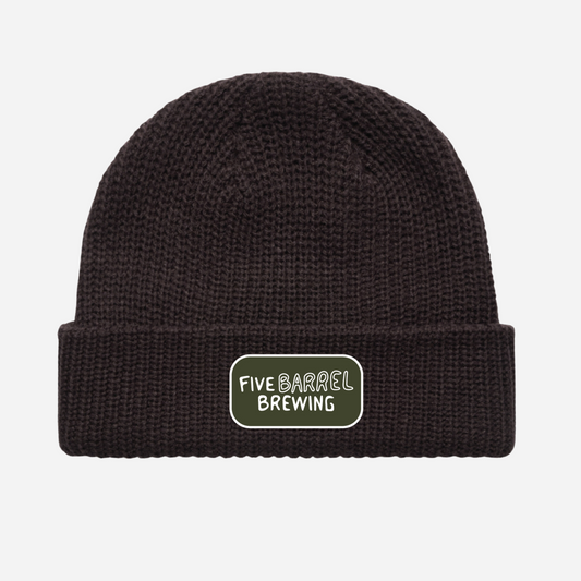 Five Barrel Brewing green and white patch embroidered on a plum coloured beanie
