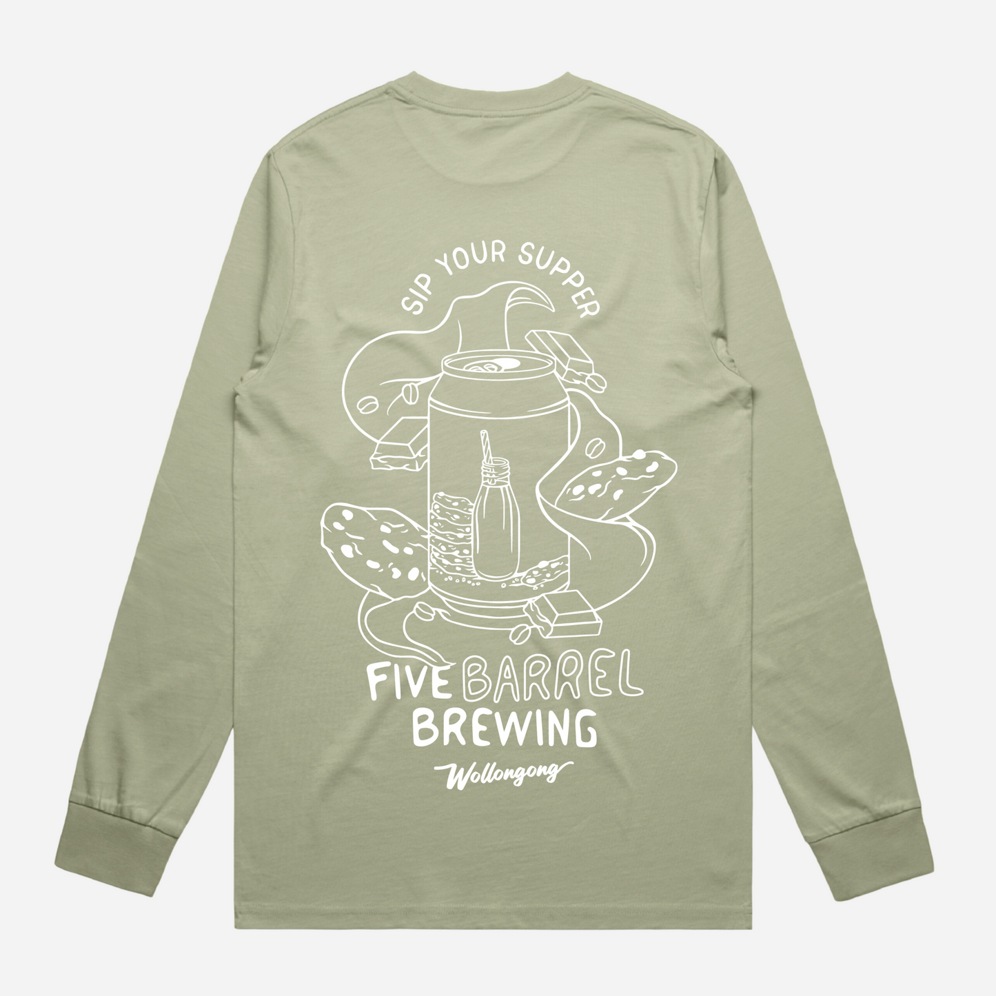 Pistachio coloured long sleeve t-shirt that says "sip your supper" with Night Cap Milk Stout Image and Five Barrel Brewing Logo