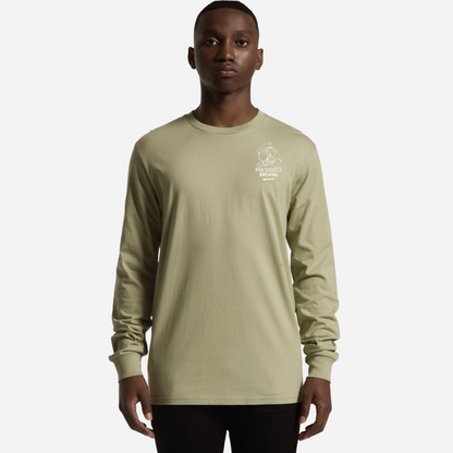 Pistachio coloured long sleeve t-shirt that says "sip your supper" with Night Cap Milk Stout Image and Five Barrel Brewing Logo