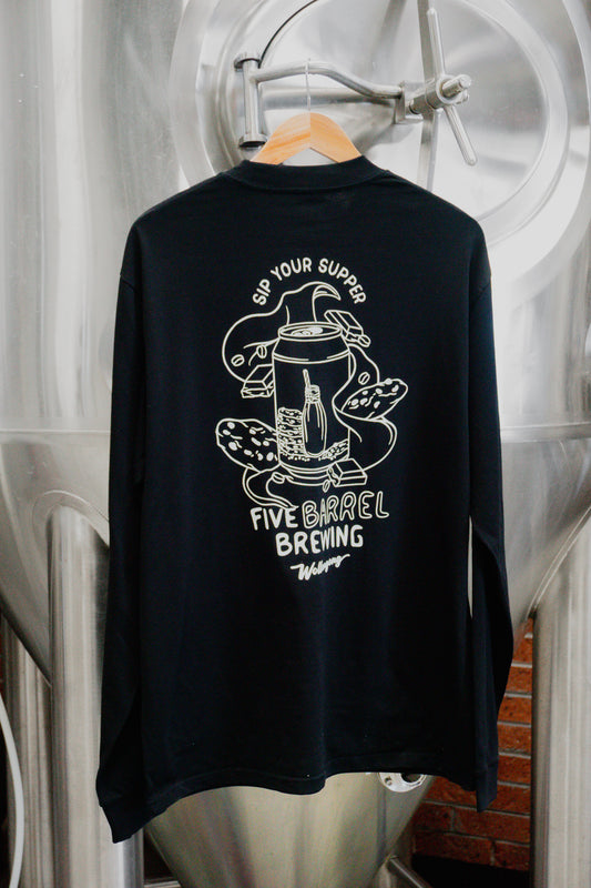 Black long sleeve tshirt that says "sip your supper" with Night Cap Milk Stout Image and Five Barrel Brewing Logo
