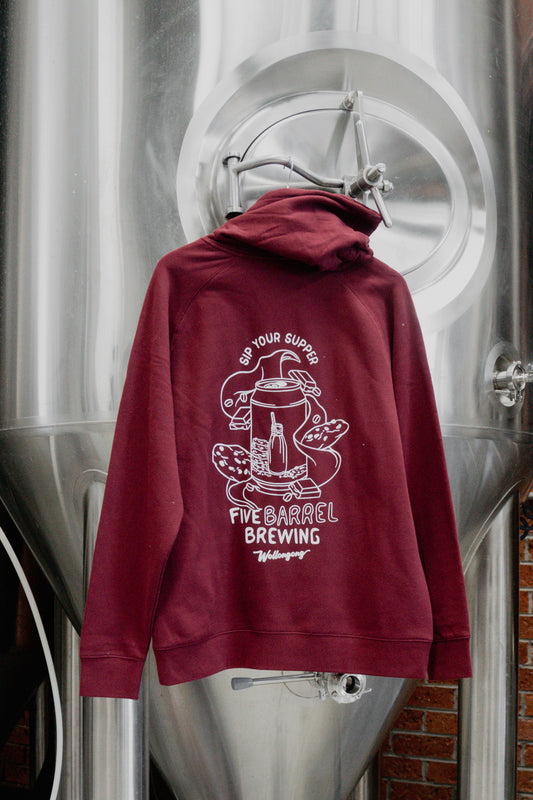 Burgundy Hoodie that says "sip your supper" with Night Cap Milk Stout Image and Five Barrel Brewing Logo